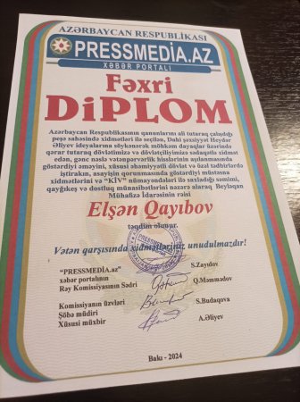 Elşən Qayıbov fəxri Diplomla təltif olunub