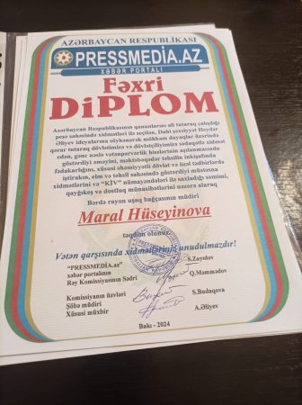 Maral Hüseynova fəxri Diplomla təltif olunub