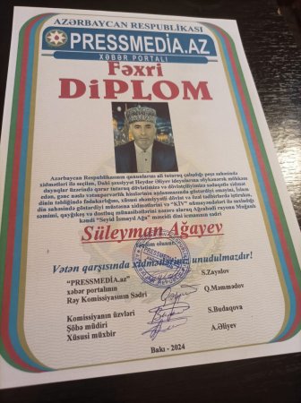 Süleyman Ağayev fəxri Diplomla təltif olunub