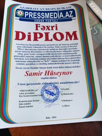 Milli mətbuat günündə aparılmış rəy sorğusu əsasında Samir Hüseynov Fəxri Diploma laiq görülüb