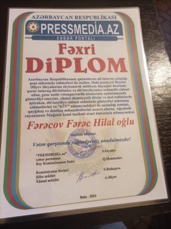 Fərəc Fərəcov fəxri Diplomla təltif olunub