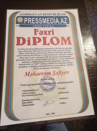 Məhərrəm Şəfiyev fəxri Diplomla təltif olunub
