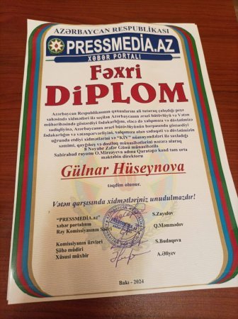 Gülnar Hüseynovaya Fəxri Diplom təqdim olunub